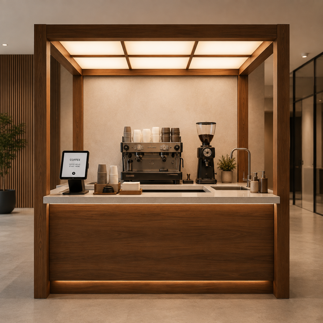 A Corporate Coffee Concept Coffee Cube: a walnut coffee bar with espresso machine, grinder and warm lighting