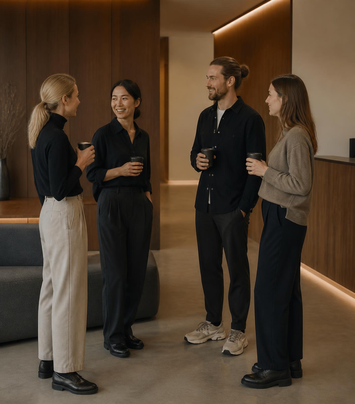 Colleagues talking together with coffee cups in a modern office lobby